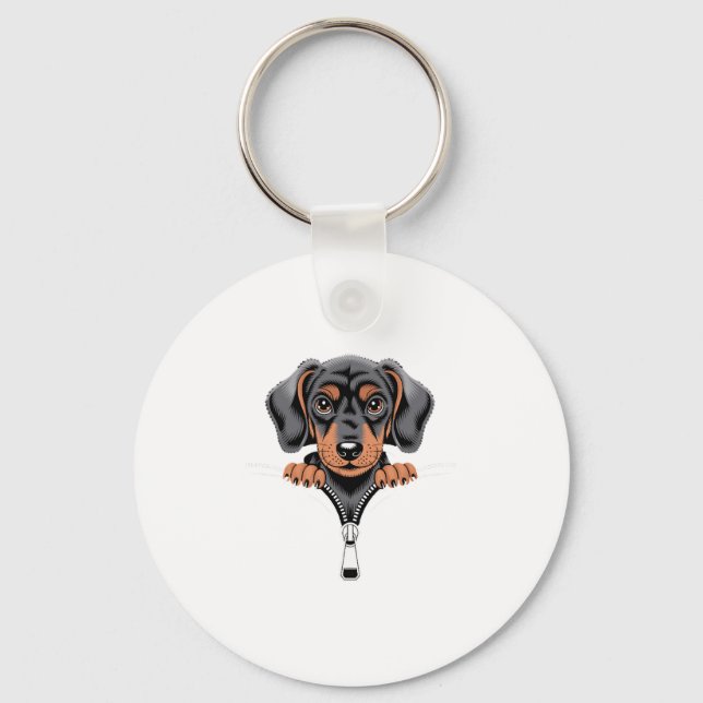 Cute Dachshund Peeking Out of Zipper Illustration Key Ring (Front)