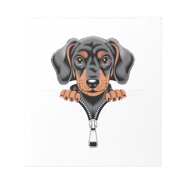 Cute Dachshund Peeking Out of Zipper Illustration Notepad (Front)