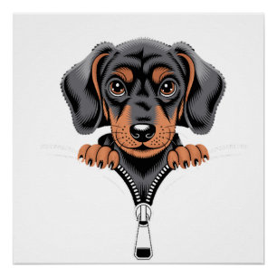 Cute Dachshund Peeking Out of Zipper Illustration Poster