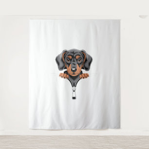 Cute Dachshund Peeking Out of Zipper Illustration Tapestry