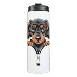 Cute Dachshund Peeking Out of Zipper Illustration Thermal Tumbler