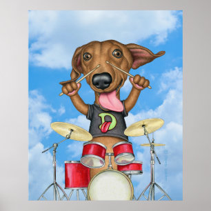 Cute Dachshund Playing Drums Poster