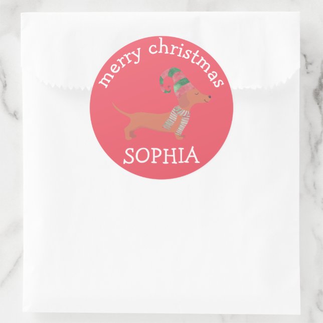 Cute Dachshund puppies dog lover Merry Christmas Classic Round Sticker (Bag)