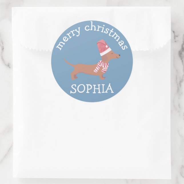 Cute Dachshund puppies dog lover Merry Christmas Classic Round Sticker (Bag)