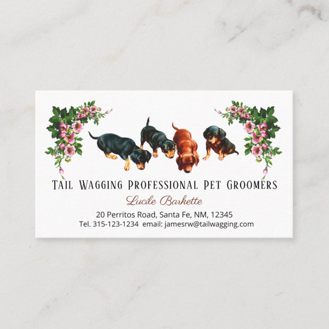 Cute Dachshund Puppies Pet Grooming Floral Business Card (Front)