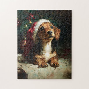 Cute Dachshund Puppy Christmas Painting Jigsaw Puzzle