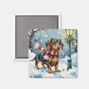 Cute Dachshund Puppy Cosy Winter Scarf Art Magnet