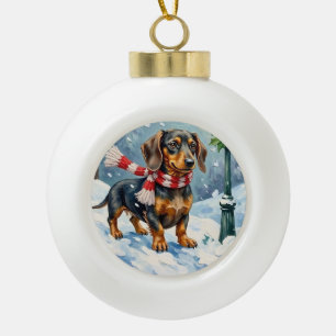 Cute Dachshund Puppy Cozy Winter Scarf Art Ceramic Ball Christmas Ornament