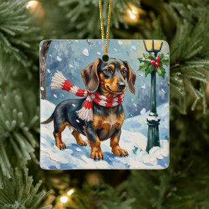 Cute Dachshund Puppy Cozy Winter Scarf Art Ceramic Ornament