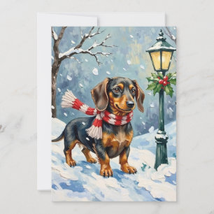Cute Dachshund Puppy Cozy Winter Scarf Art Holiday Card