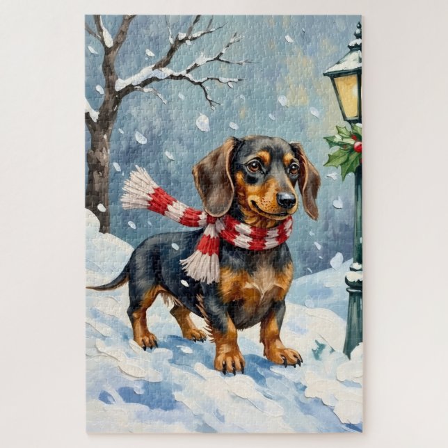 Cute Dachshund Puppy Cozy Winter Scarf Art Jigsaw Puzzle (Vertical)