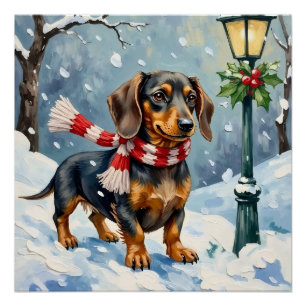 Cute Dachshund Puppy Cozy Winter Scarf Art Poster