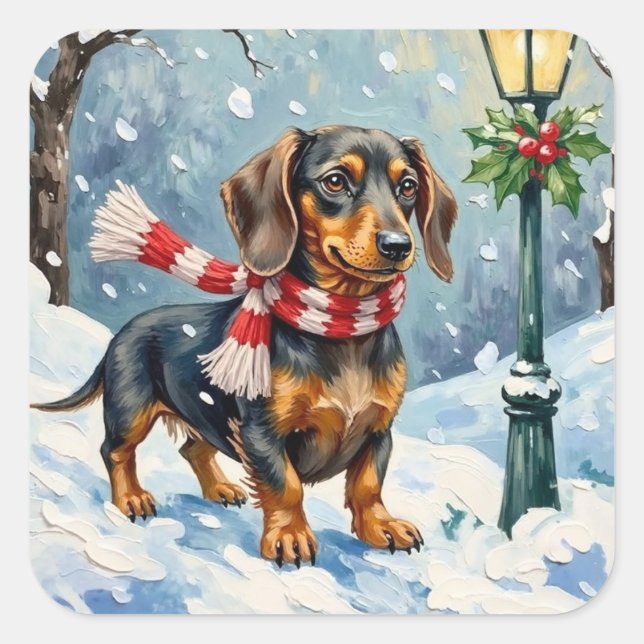 Cute Dachshund Puppy Cozy Winter Scarf Art Square Sticker (Front)