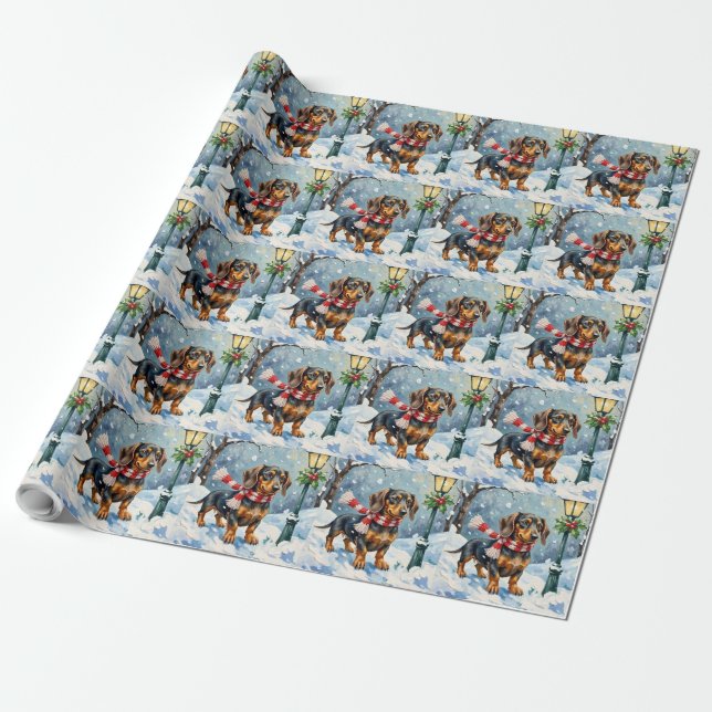 Cute Dachshund Puppy Cozy Winter Scarf Art Wrapping Paper (Unrolled)