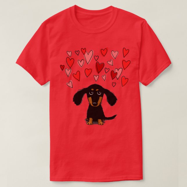 Cute Dachshund Puppy Dog with Valentine Hearts  T-Shirt (Design Front)