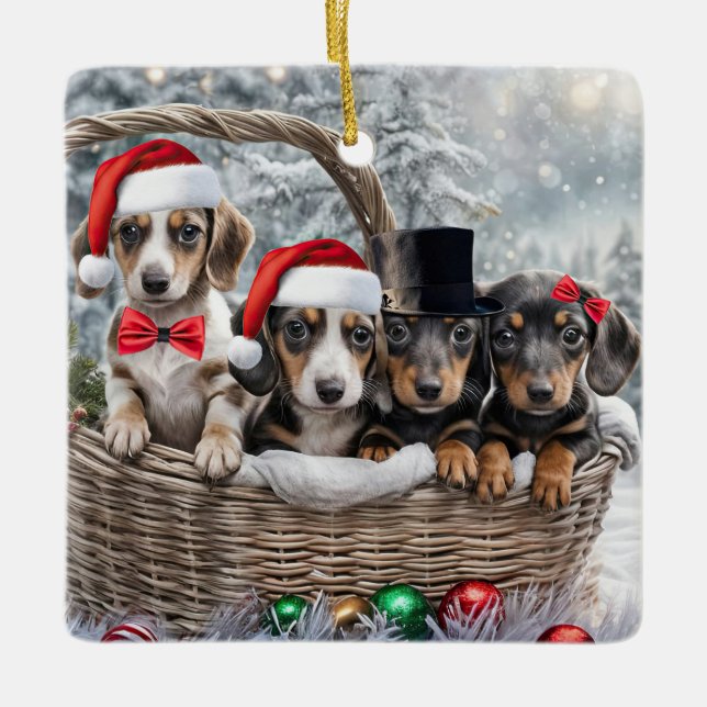 Cute Dachshund Puppy Dogs Christmas Holiday Ceramic Ornament (Front)