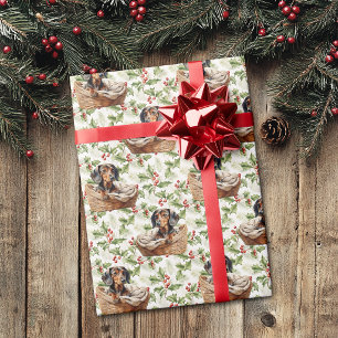 Cute Dachshund Puppy in Basket Christmas Holly Wrapping Paper