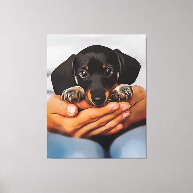 Cute Dachshund Puppy Lying On Human Knees Xmas Pos Canvas Print (Front)