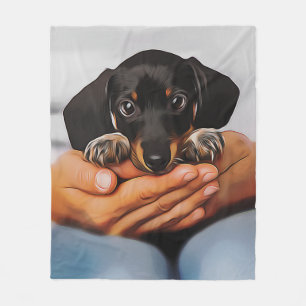 Cute Dachshund Puppy Lying On Human Knees Xmas Pos Fleece Blanket