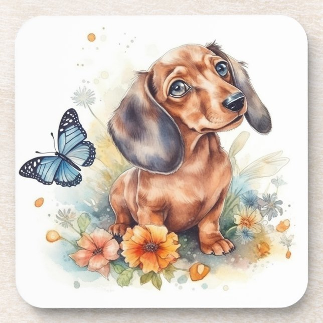 Cute Dachshund Puppy Watercolor Coaster (Front)