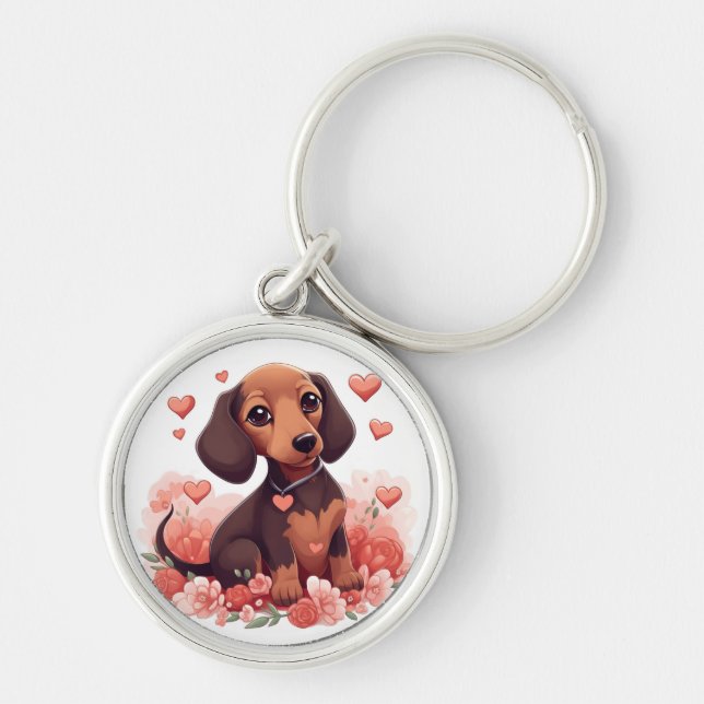Cute Dachshund Puppy with Hearts Key Ring (Front)