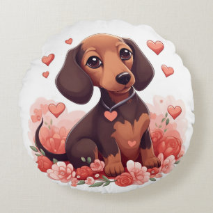 Cute Dachshund Puppy with Hearts Round Cushion