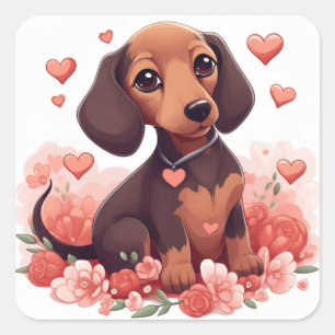 Cute Dachshund Puppy with Hearts Square Sticker