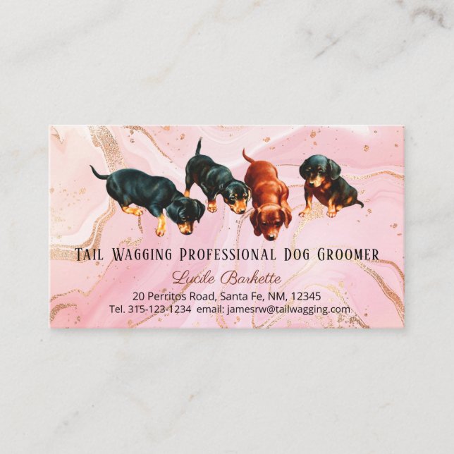 Cute Dachshund Pups Dog Groomer Pink Gold Agate Business Card (Front)