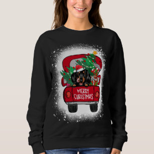 Cute Dachshund Red Truck Merry Christmas Bleached Sweatshirt
