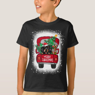 Cute Dachshund Red Truck Merry Christmas Bleached T-Shirt