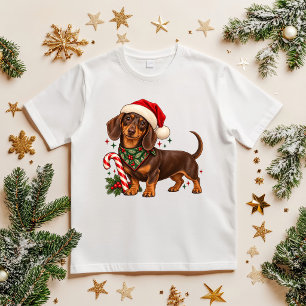 Cute Dachshund Santa Hat Candy Cane Kids Christmas T-Shirt