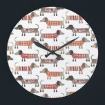 Cute Dachshund Sausage Dog Pattern Large Clock<br><div class="desc">Cute little Dachshund sausage or wiener dogs in woolly knitwear. Perfect for dog lovers and dog walkers.</div>