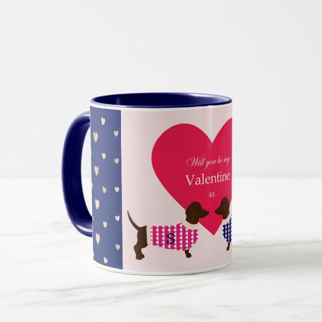 Cute Dachshund Valentine Dog Heart Monogram Fun Mug (Front Left)