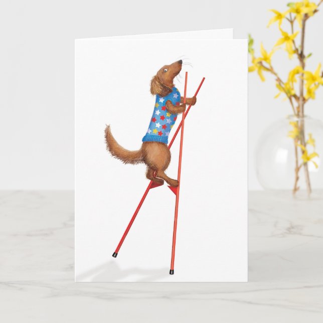 Cute dachshund walking on stilts card (Yellow Flower)