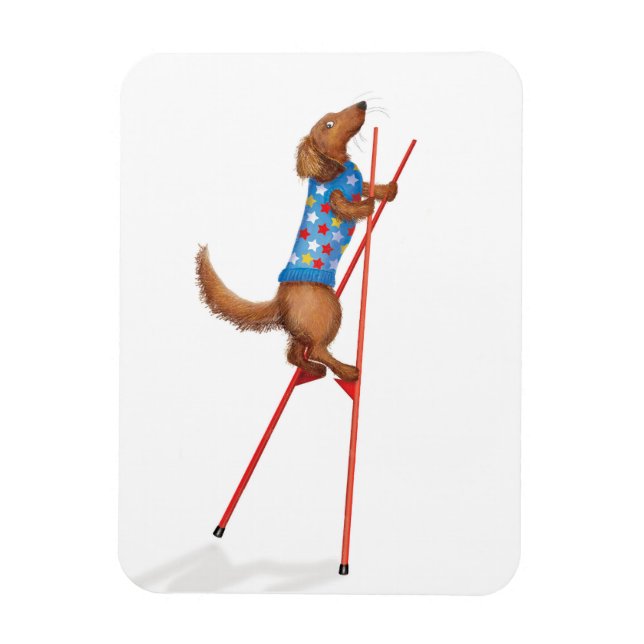 Cute dachshund walking on stilts magnet (Vertical)