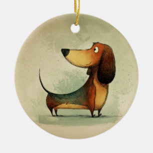Cute Dachshund – Whimsical Dog Illustration Ceramic Tree Decoration