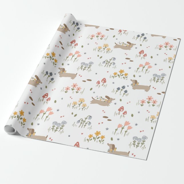 Cute Dachshund Wildflower Birthday Baby Party Wrapping Paper (Unrolled)