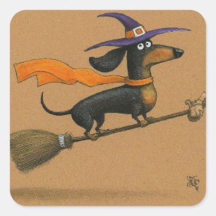 Cute Dachshund Witch Square Sticker