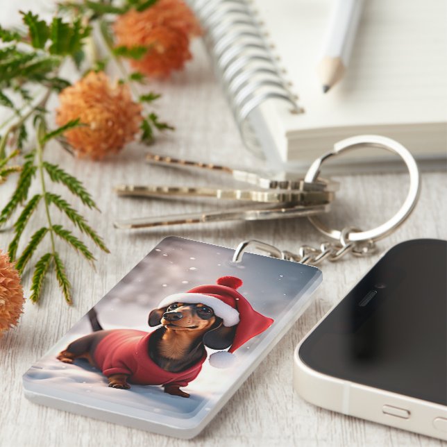 Cute dachshund with Christmas hat Key Ring (Front Right)