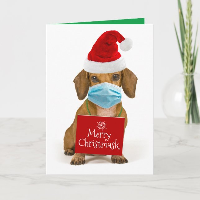 Cute Dachshund With Face Mask- Merry Christmask Holiday Card (Front)