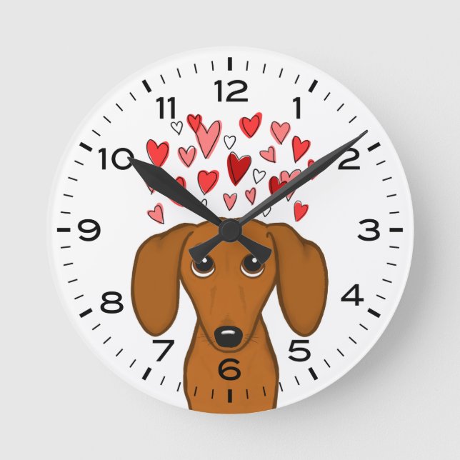 Cute Dachshund with Hearts Wiener Dog Round Clock (Front)
