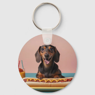 Cute Dachshund With Hot Dog Key Ring