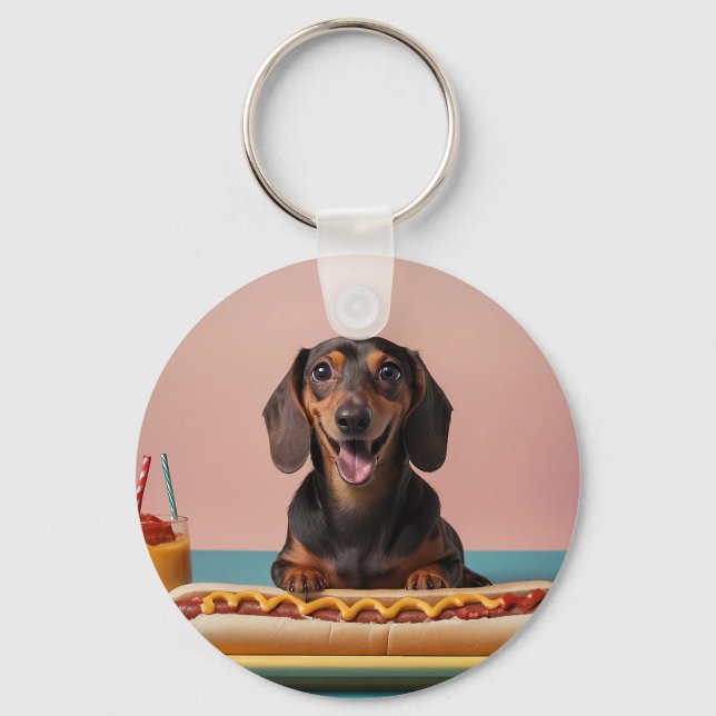 Cute Dachshund With Hot Dog Key Ring (Front)