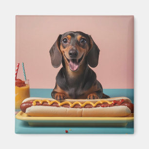 Cute Dachshund With Hot Dog Magnet