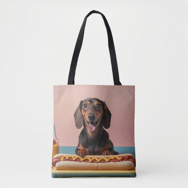 Cute Dachshund With Hot Dog Tote Bag (Front)
