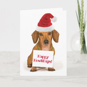 Cute Dachshund with Santa Hat Happy HowliDays Holiday Card