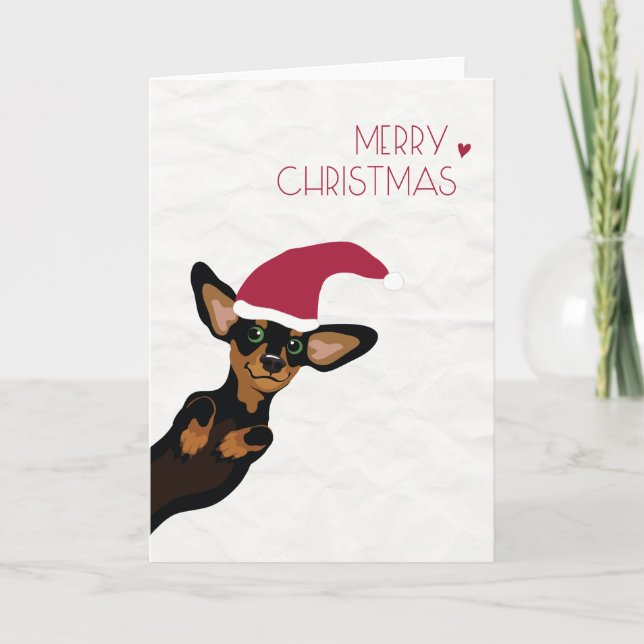 Cute Dachshund with Santa hat Merry Christmas Holiday Card (Front)