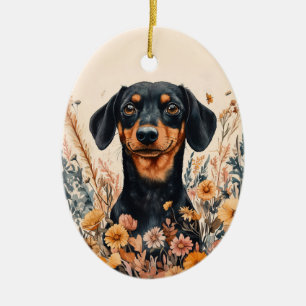 Cute Dachshund with Wildflowers Painting Ceramic Tree Decoration