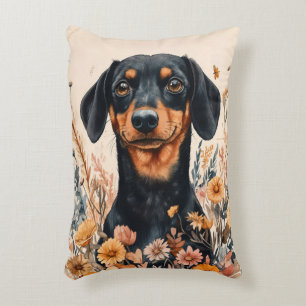 Cute Dachshund with Wildflowers Painting Decorative Cushion