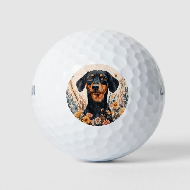 Cute Dachshund with Wildflowers Painting Golf Balls (Front)